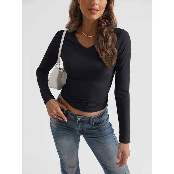 Women 2024 Fall Fashion V Neck Basics Crop Tops Layering Slim Fitted Y2K Tops - Picture 5 of 6